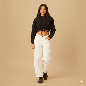 New Gap‎ Jeans Size 14 Low Rise Wide Leg Baggy Cargo Utility Cream Ecru Preppy